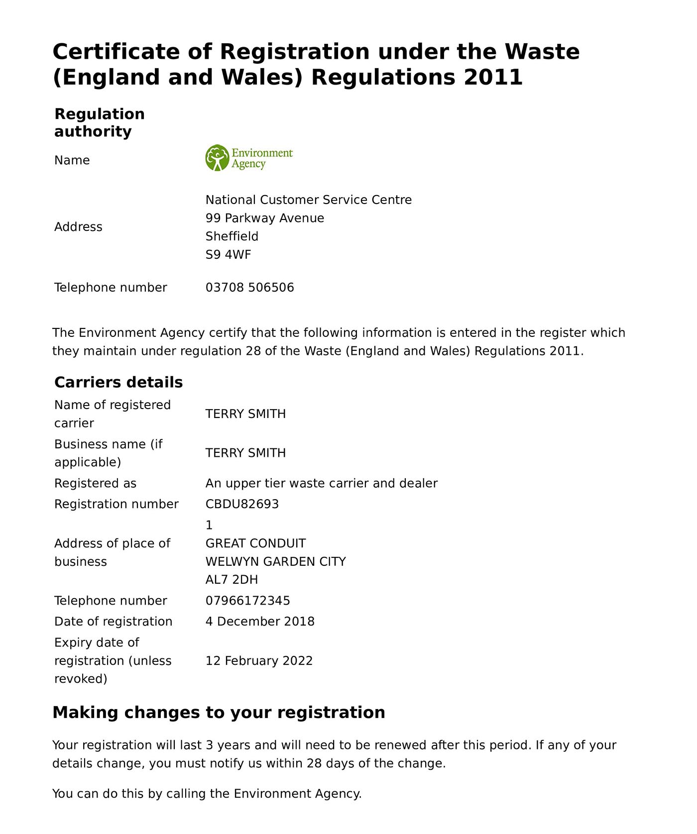 Certificate of Registration under the Waste (England and Wales) Regulations 2011 - Fencing Contractors Welwyn Garden City